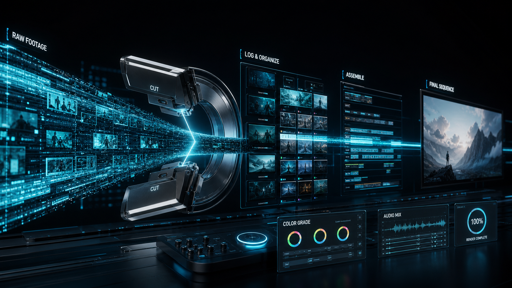 Media agency team using AI tools for video editing